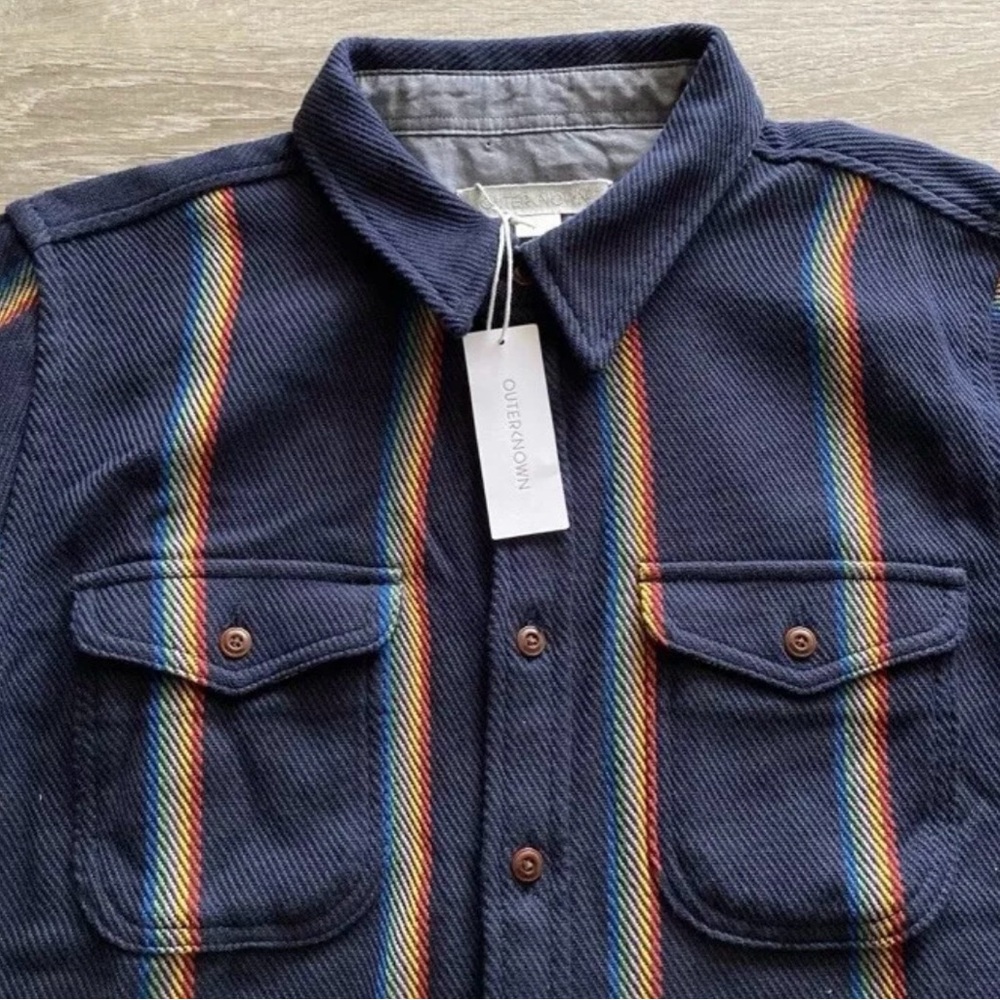 New Outerknown Blanket Shirt Mens Medium Blue Rainbow Stripe Organic Cotton-$148 - Picture 6 of 14